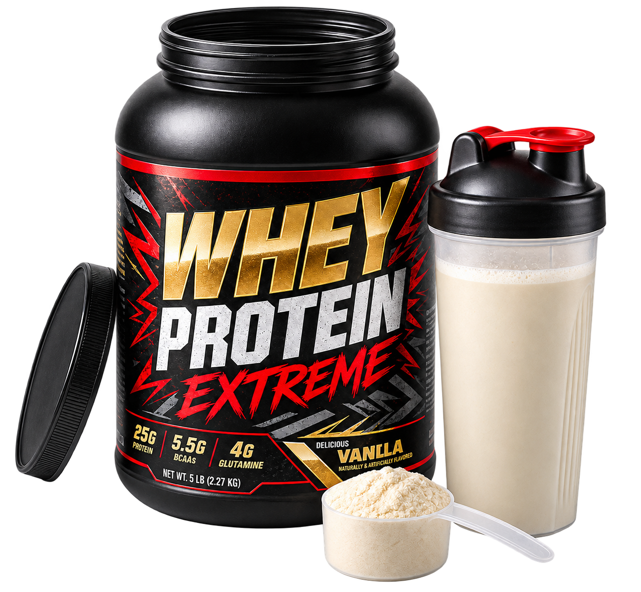 Protein powder tub, scoop and shaker