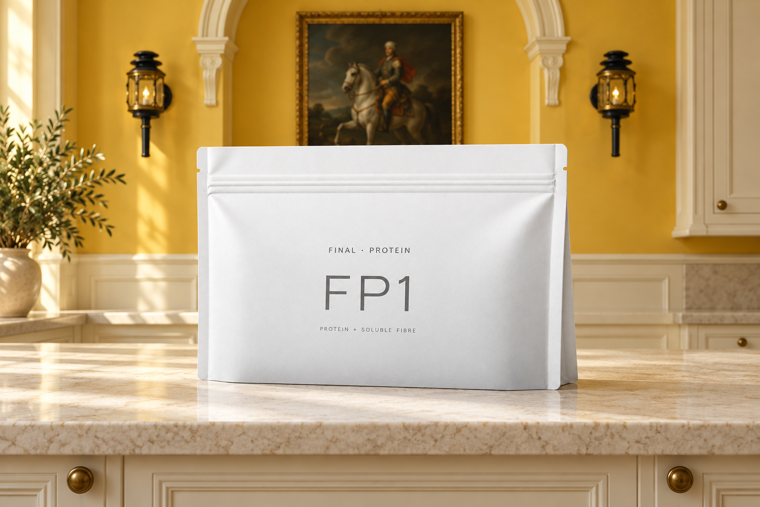 FP1 pouch on a pale stone kitchen counter in a warm ochre classical kitchen